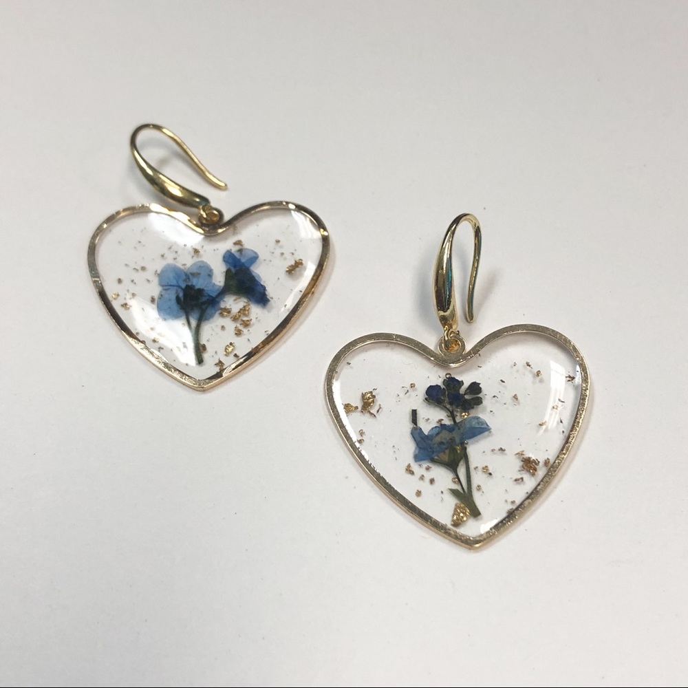 Blue Flower With Gold Foil Heart Earrings